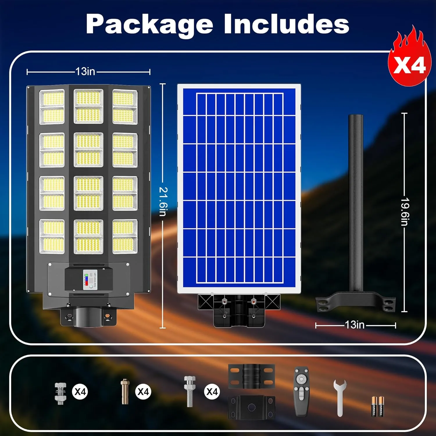 loyoele 8000W 4-Pack Solar Street Light,Solar Street Lights Outdoor Waterproof, 240000LM 7000K Solar Powered Street Light,Dusk to Dawn,with Motion Sensor,LED Wide Angle Lamp