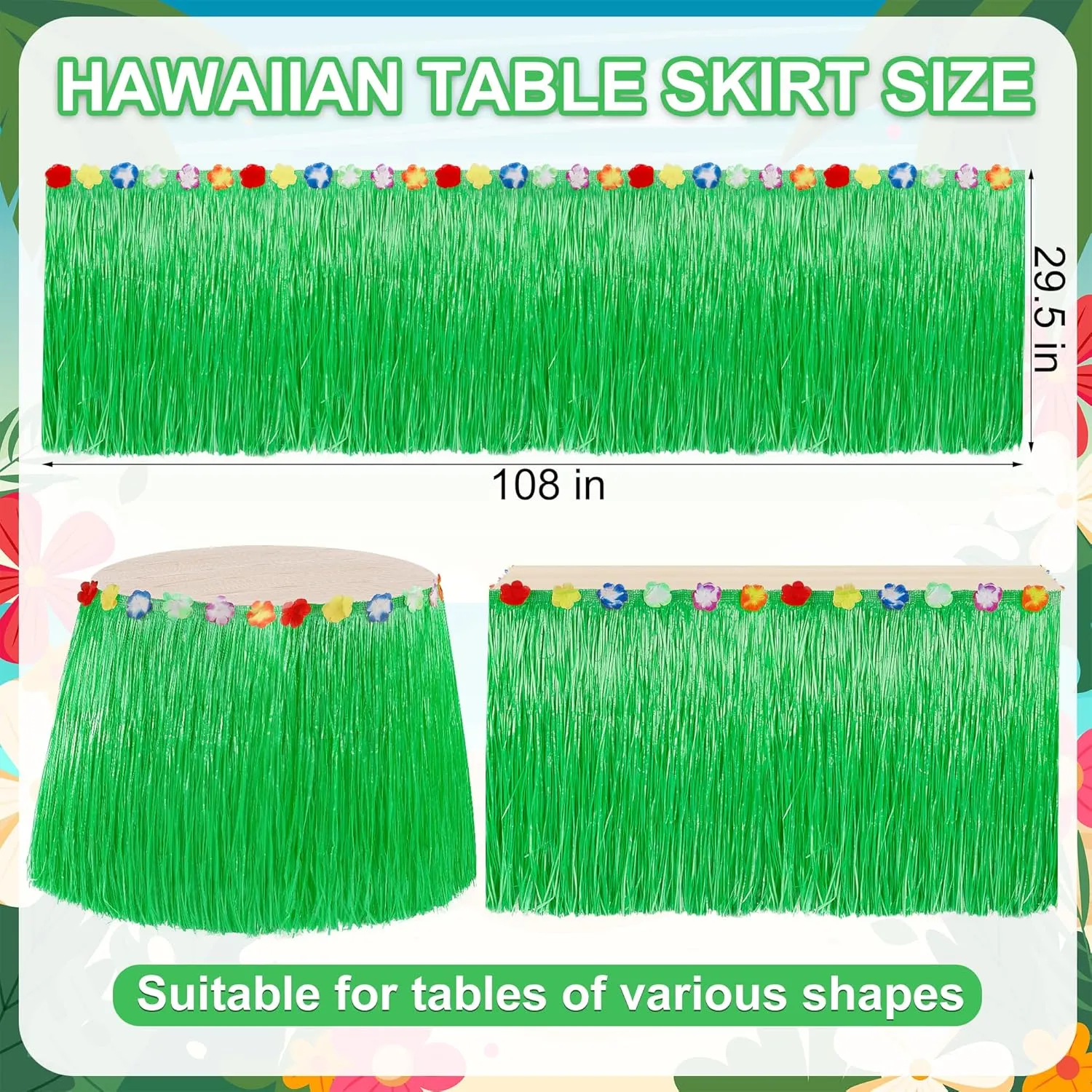 Luau Party Table Skirt Decorations, 4PCS Green Hawaiian Themed Table Skirt Bulk, Indoor Outdoor 108 X 29.5" Grass Table Skirt Party Decor, Hula Dance Table Skirt for Summer Beach Themed Activities