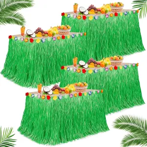 Luau Party Table Skirt Decorations, 4PCS Green Hawaiian Themed Table Skirt Bulk, Indoor Outdoor 108 X 29.5" Grass Table Skirt Party Decor, Hula Dance Table Skirt for Summer Beach Themed Activities