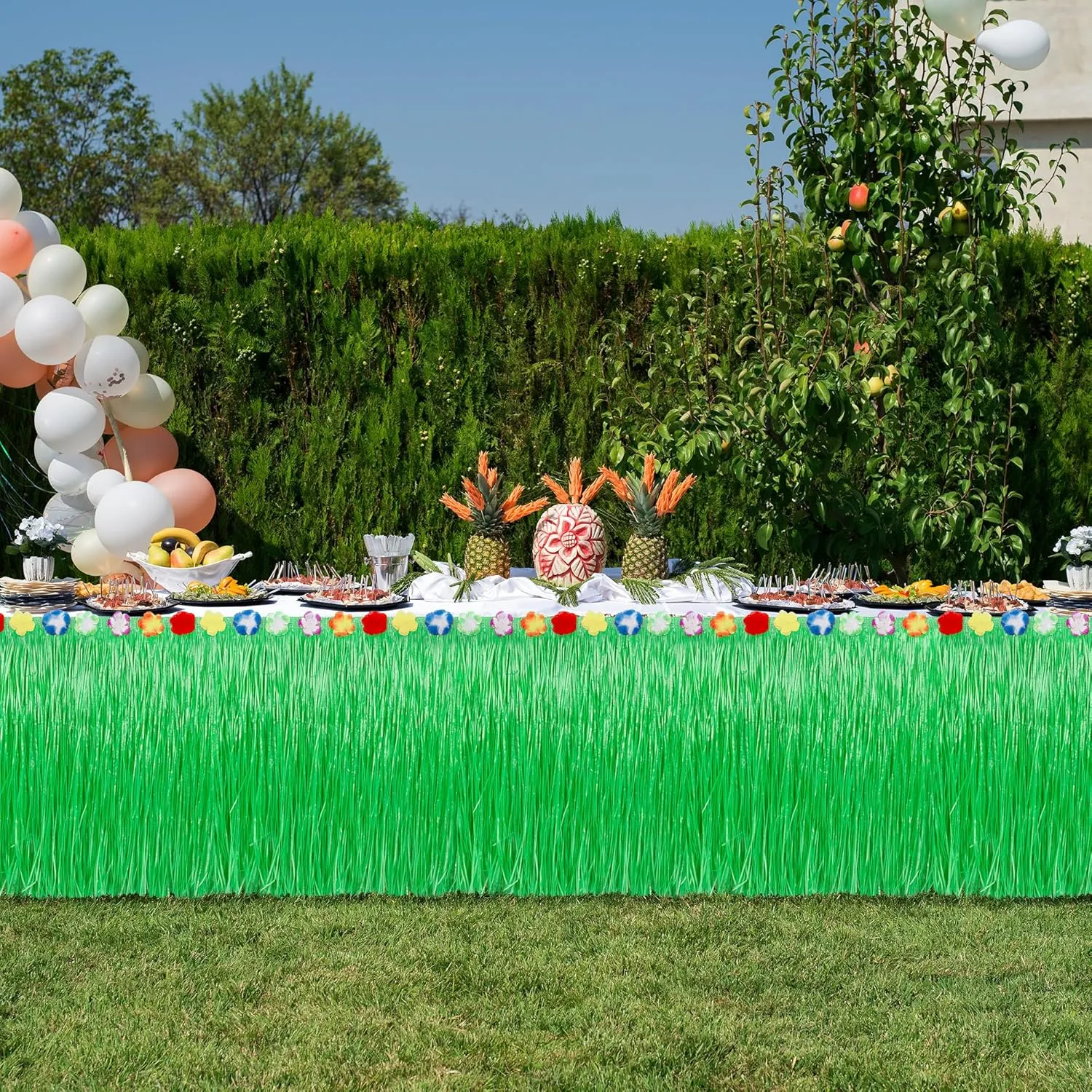 Luau Party Table Skirt Decorations, 4PCS Green Hawaiian Themed Table Skirt Bulk, Indoor Outdoor 108 X 29.5" Grass Table Skirt Party Decor, Hula Dance Table Skirt for Summer Beach Themed Activities