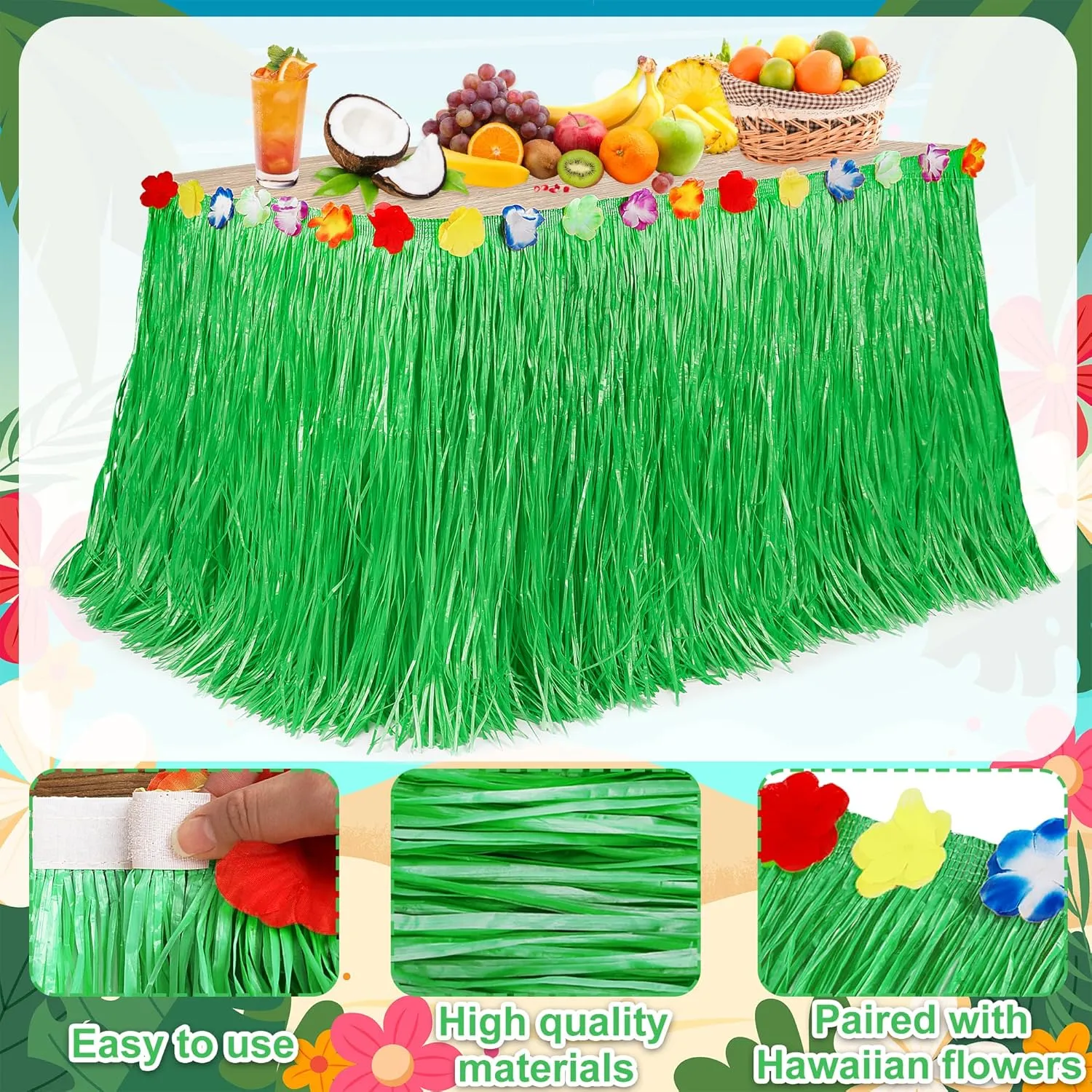 Luau Party Table Skirt Decorations, 4PCS Green Hawaiian Themed Table Skirt Bulk, Indoor Outdoor 108 X 29.5" Grass Table Skirt Party Decor, Hula Dance Table Skirt for Summer Beach Themed Activities