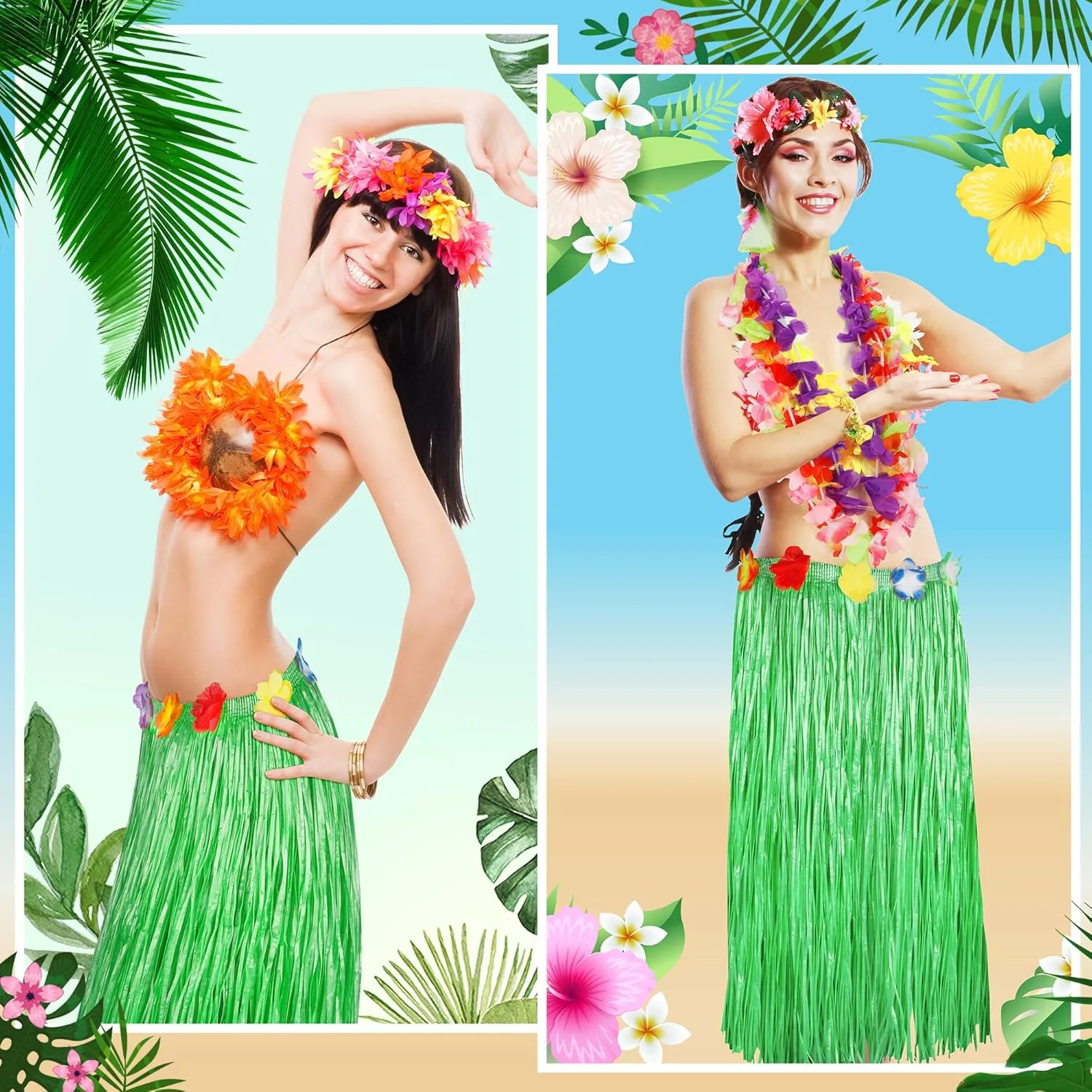 Luau Party Table Skirt Decorations, 4PCS Green Hawaiian Themed Table Skirt Bulk, Indoor Outdoor 108 X 29.5" Grass Table Skirt Party Decor, Hula Dance Table Skirt for Summer Beach Themed Activities