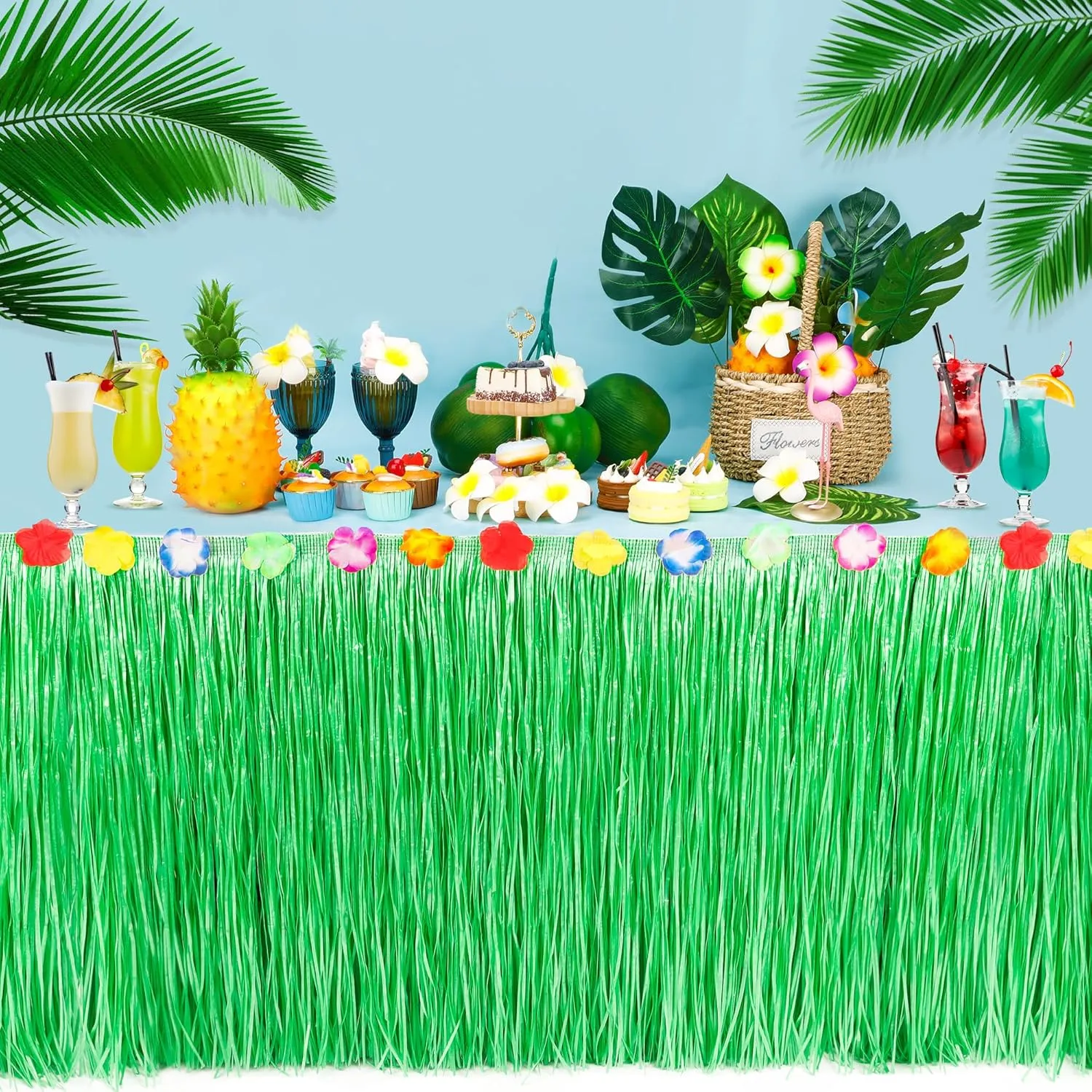 Luau Party Table Skirt Decorations, 4PCS Green Hawaiian Themed Table Skirt Bulk, Indoor Outdoor 108 X 29.5" Grass Table Skirt Party Decor, Hula Dance Table Skirt for Summer Beach Themed Activities