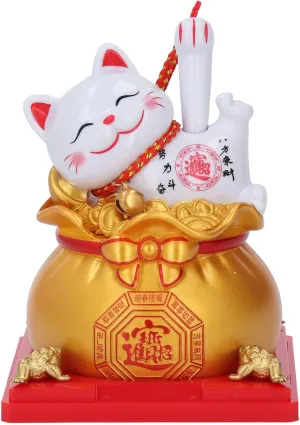 Lucky Cat Statue, Automatic Waving Fortune Bag, Solar Cat Figurine (Gold)