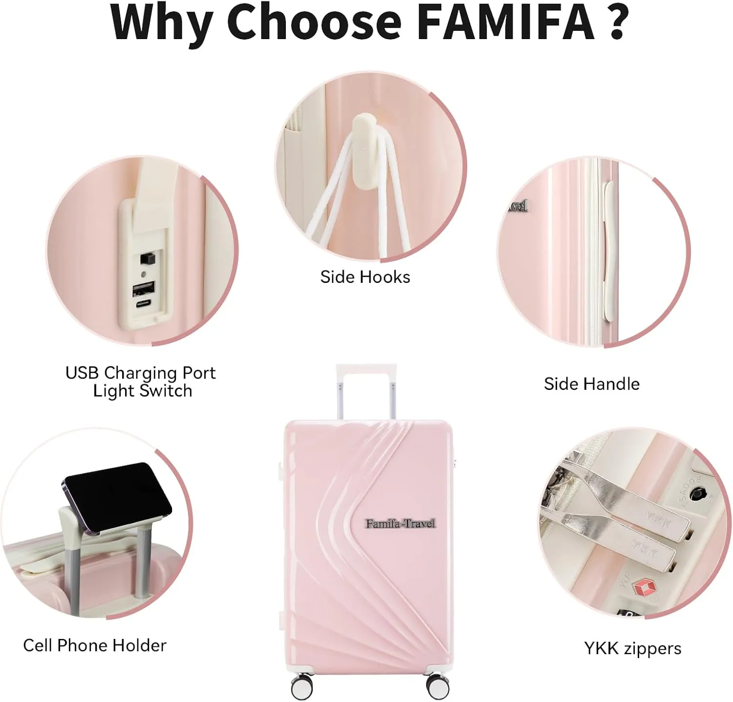 Luggage Set 3 Piece wiht Spinner Wheel TSA lock, PC ABS Durable Hardshell Suitcase Sets, Carry on Suitcase with USB Port and Phone Holder (Sakura Pink, 20in24in28in)