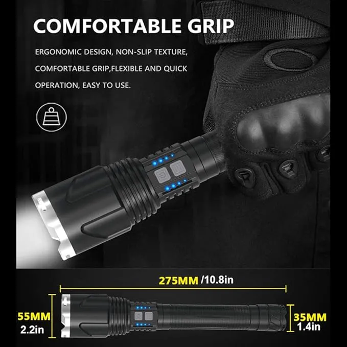 LUXNOVAQ Brightest Flashlight Rechargeable XHP110 LED Powerful Tactical Flashlights, 200000 High Lumen Zoomable USB Flashlight Waterproof Hand Torch Light with 4 Modes for Camping Hiking