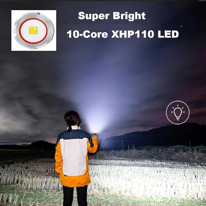LUXNOVAQ Brightest Flashlight Rechargeable XHP110 LED Powerful Tactical Flashlights, 200000 High Lumen Zoomable USB Flashlight Waterproof Hand Torch Light with 4 Modes for Camping Hiking