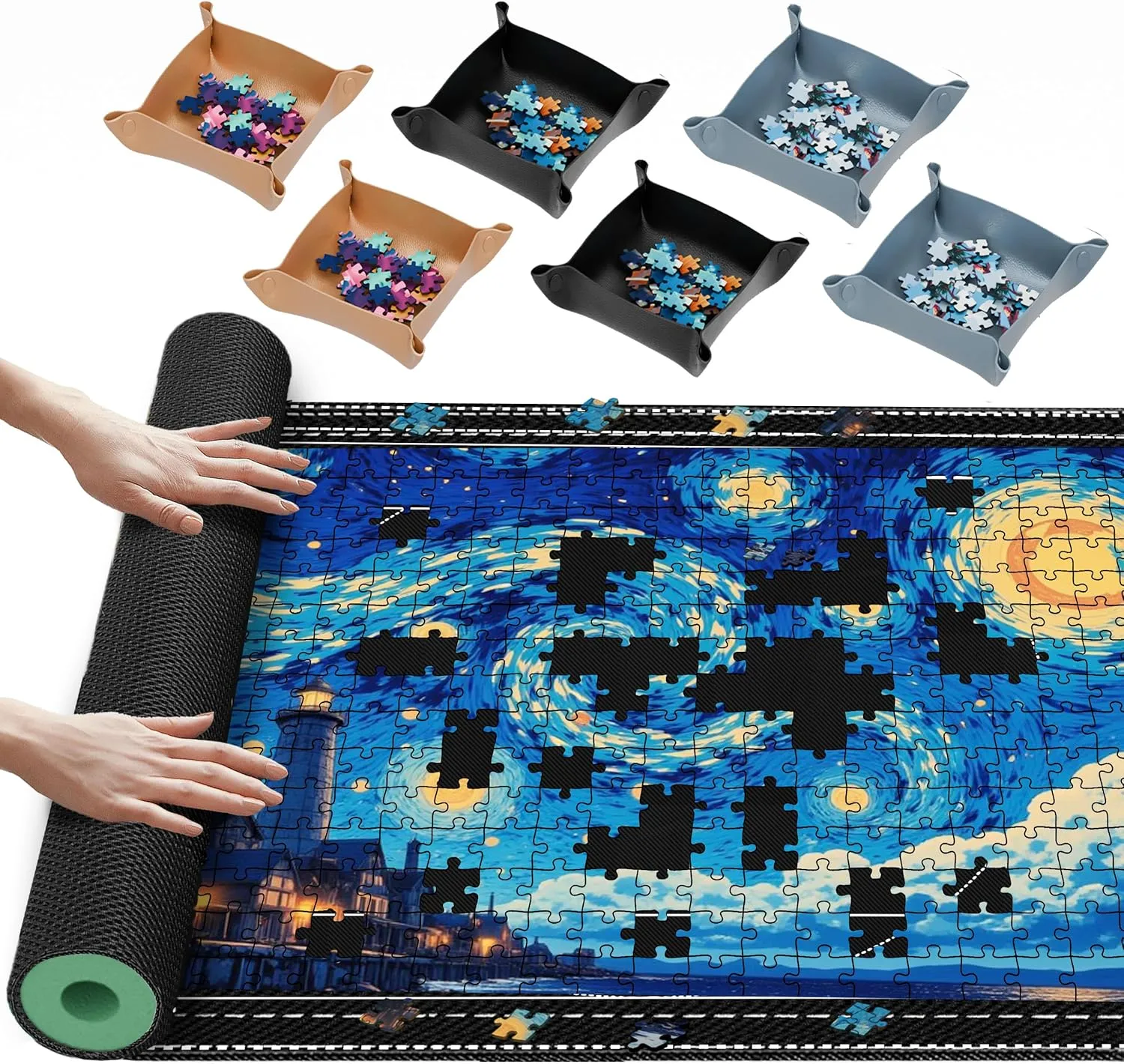Lwoeo Jigsaw Puzzle Mat Roll Up, Black 48.4” x 30.7” Smooth Top Saver Pad Up to 2000 Pieces，Large Puzzel Matt Rollup with 6 Sorting Trays & 1 Storage Bag for Sorting Table, Board, Frame Puzzles Mats