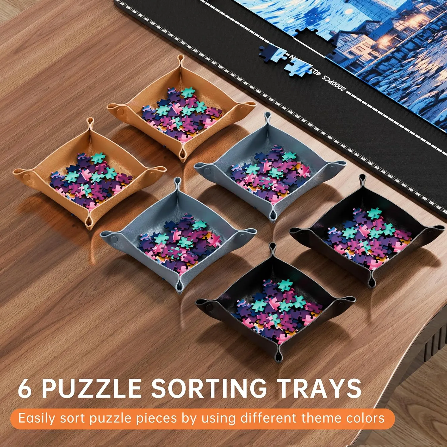 Lwoeo Jigsaw Puzzle Mat Roll Up, Black 48.4” x 30.7” Smooth Top Saver Pad Up to 2000 Pieces，Large Puzzel Matt Rollup with 6 Sorting Trays & 1 Storage Bag for Sorting Table, Board, Frame Puzzles Mats