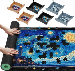 Lwoeo Jigsaw Puzzle Mat Roll Up, Black 48.4” x 30.7” Smooth Top Saver Pad Up to 2000 Pieces，Large Puzzel Matt Rollup with 6 Sorting Trays & 1 Storage Bag for Sorting Table, Board, Frame Puzzles Mats