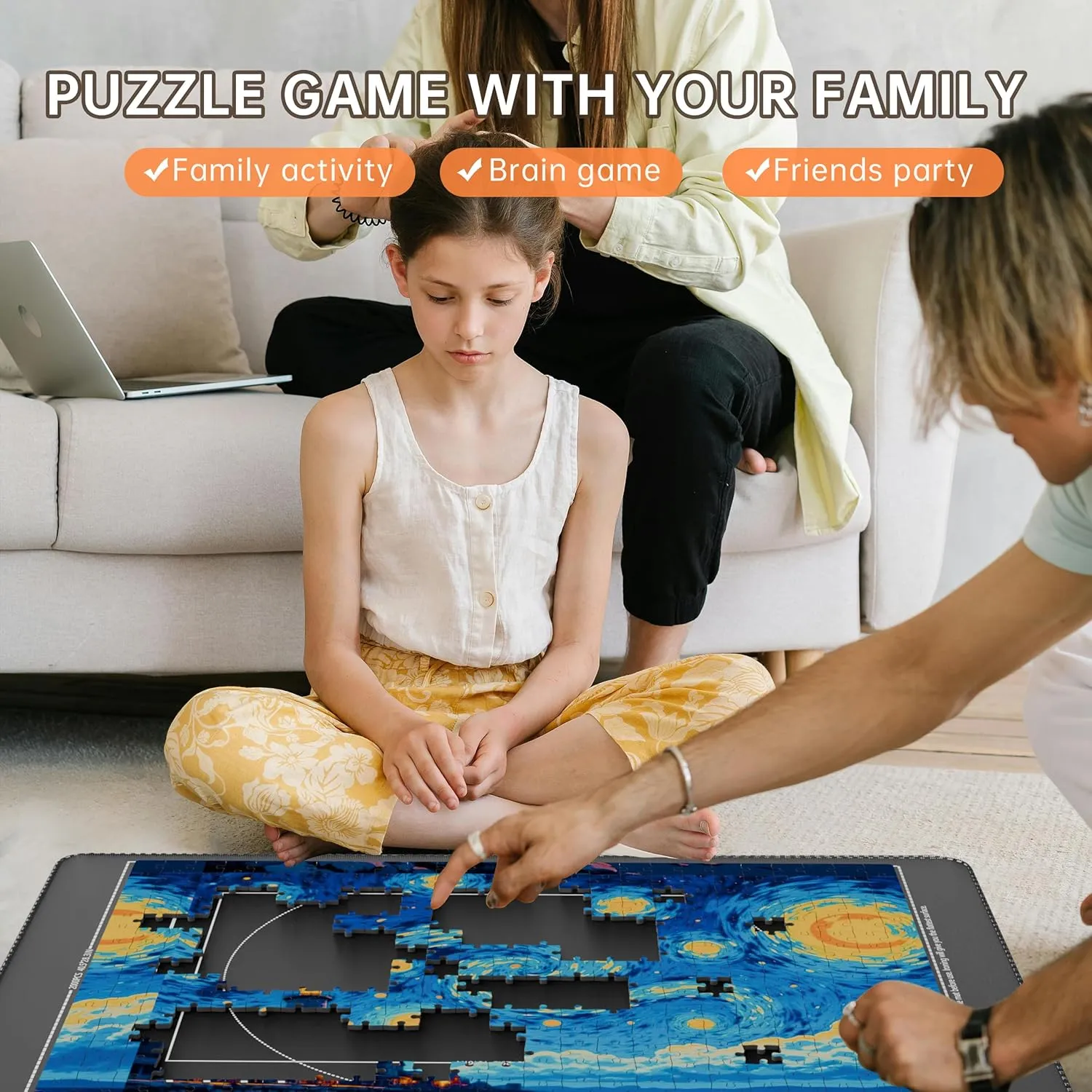 Lwoeo Jigsaw Puzzle Mat Roll Up, Black 48.4” x 30.7” Smooth Top Saver Pad Up to 2000 Pieces，Large Puzzel Matt Rollup with 6 Sorting Trays & 1 Storage Bag for Sorting Table, Board, Frame Puzzles Mats