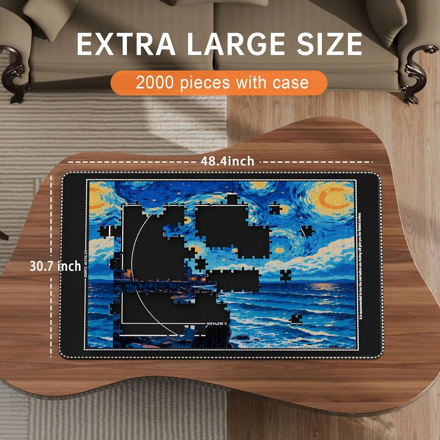 Lwoeo Jigsaw Puzzle Mat Roll Up, Black 48.4” x 30.7” Smooth Top Saver Pad Up to 2000 Pieces，Large Puzzel Matt Rollup with 6 Sorting Trays & 1 Storage Bag for Sorting Table, Board, Frame Puzzles Mats