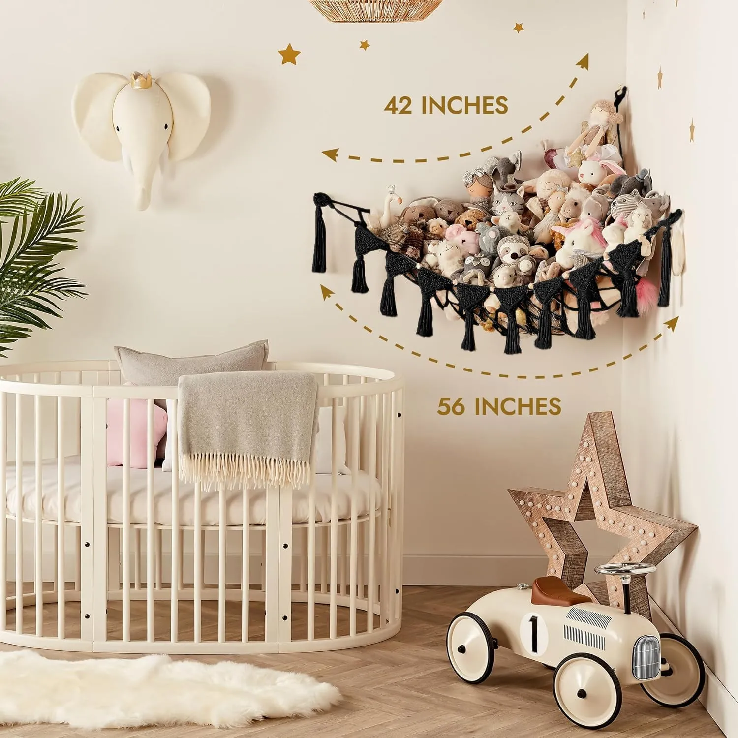 Macrame DreamLights Boho Stuffed Animal Storage Net Hammock Extra Large Plush Toy Storage Holder For Small Or Large Plushies BLACK