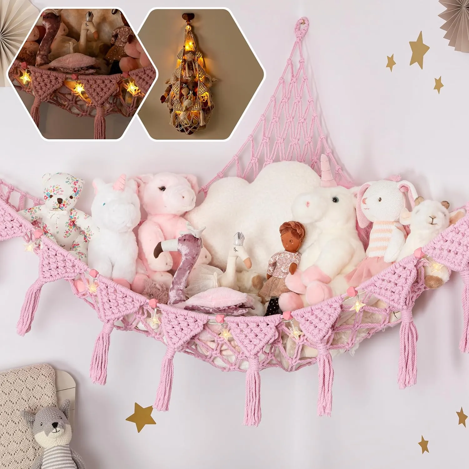 Macrame DreamLights Boho Stuffed Animal Storage Net Hammock Extra Large Plush Toy Storage Holder For Small Or Large Plushies PINK