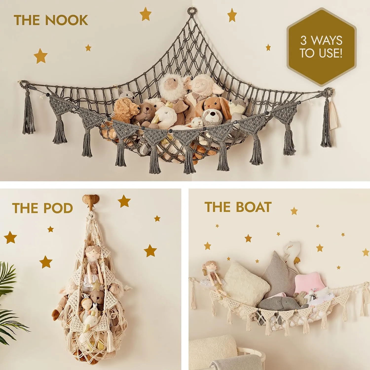 Macrame DreamLights Boho Stuffed Animal Storage Net Hammock Extra Large Plush Toy Storage Holder For Small Or Large Plushies PINK