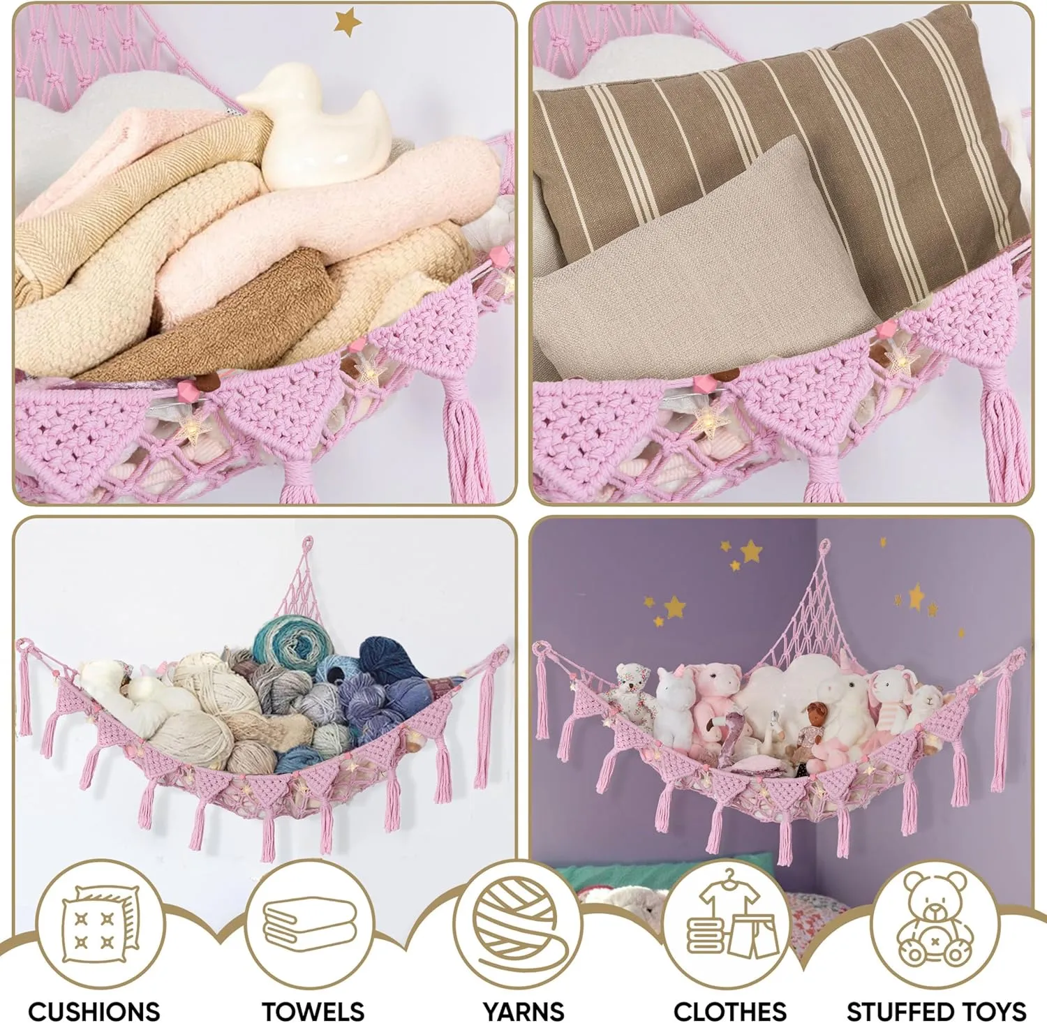 Macrame DreamLights Boho Stuffed Animal Storage Net Hammock Extra Large Plush Toy Storage Holder For Small Or Large Plushies PINK