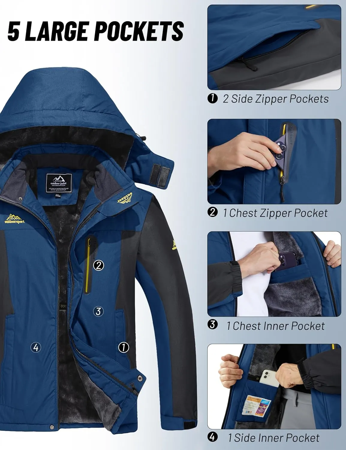 MAGCOMSEN Men's Winter Coats Water Resistant Snow Ski Jacket Fleece Lined Parka 5 Pockets