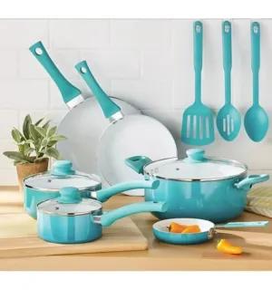 Mainstays Ceramic Nonstick 12 Piece Cookware Set, Teal Ombre, Hand Wash Onlycookware pots and pans set