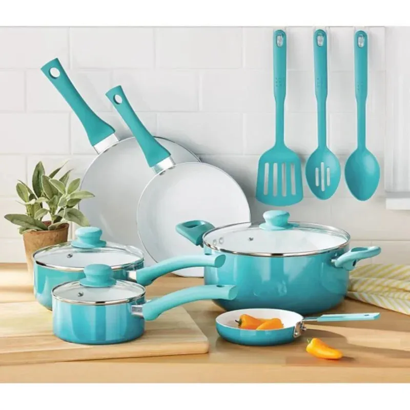 Mainstays Ceramic Nonstick 12 Piece Cookware Set, Teal Ombre, Hand Wash Onlycookware pots and pans set
