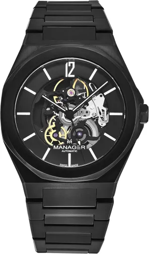 Manager Men's 'Open Mind' Black Dial Black Stainless Steel Bracelet Automatic Watch MAN-RO-09-NM