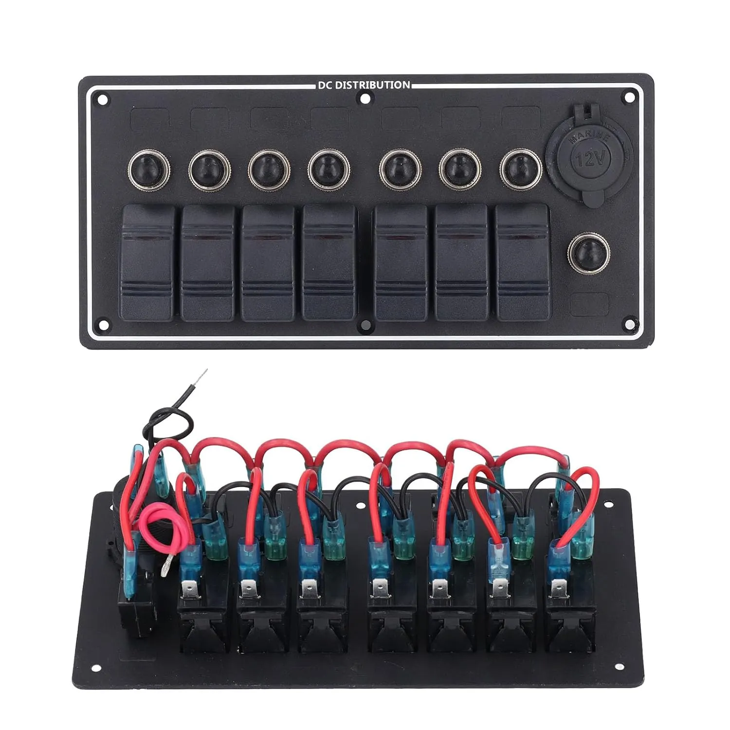 Marine Switch Panel, 7 Way Switch Panel DC12V 5A X 4 10A X 2 15A X 2 Easy to Assemble Multi Function with Overload for Bus to Lights