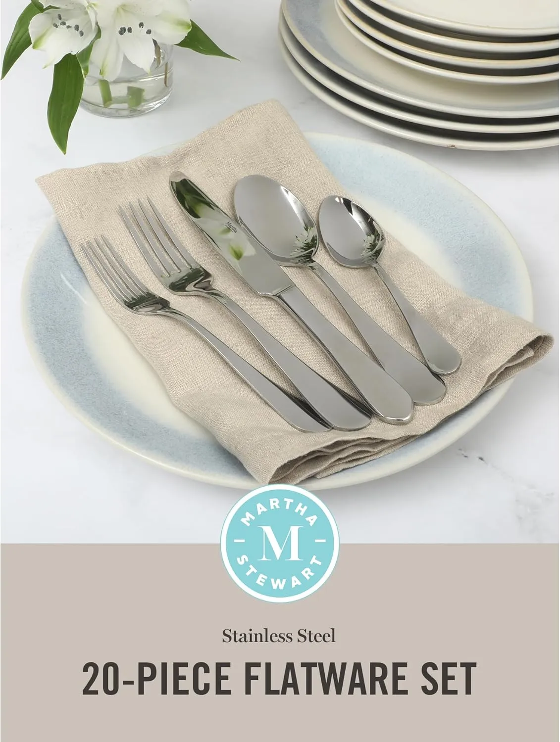 Martha Stewart Alness 20 Piece Mirror Polish Flatware Silverware Set - Stainless Steel Utensils - Forks, Spoons, Knives
