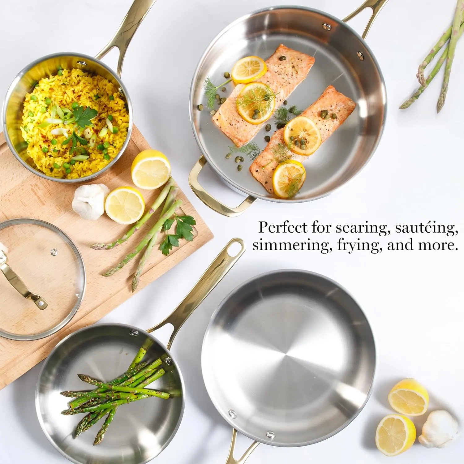 Martha Stewart Castelle 10 Piece Stainless Steel Induction Safe Pots and Pans Non-Toxic Kitchen Cookware Set - Gold Handles