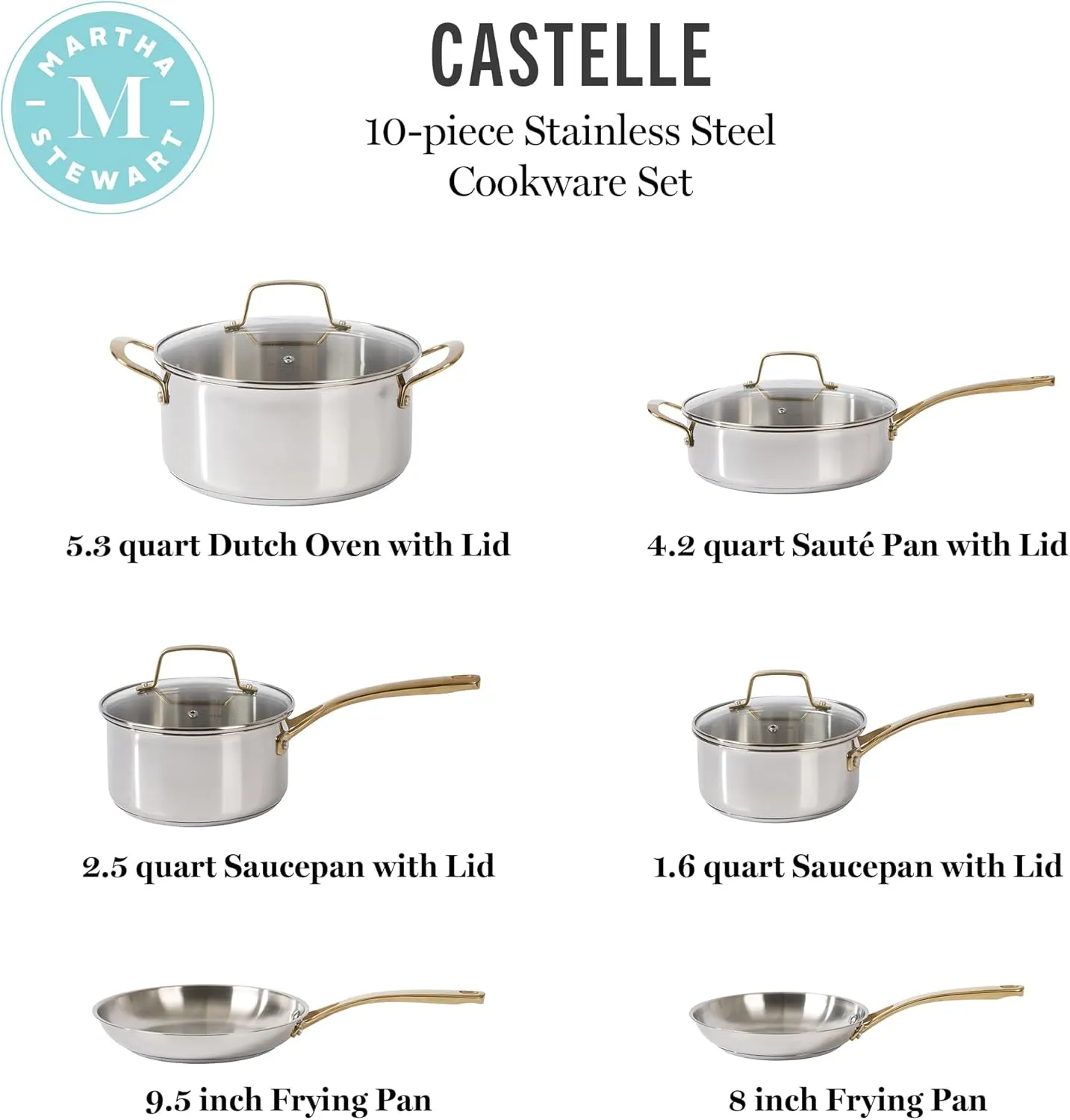 Martha Stewart Castelle 10 Piece Stainless Steel Induction Safe Pots and Pans Non-Toxic Kitchen Cookware Set - Gold Handles