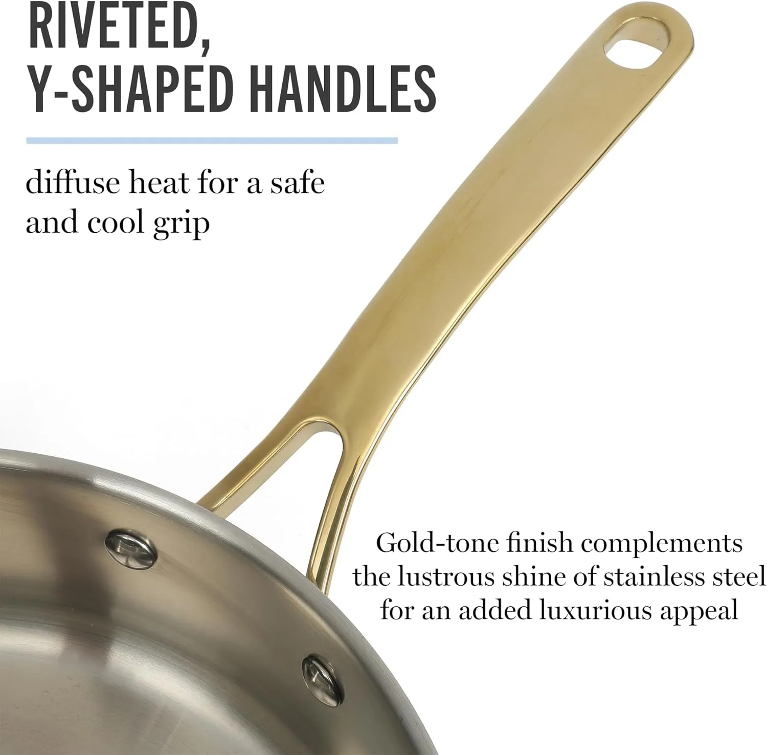 Martha Stewart Castelle 10 Piece Stainless Steel Induction Safe Pots and Pans Non-Toxic Kitchen Cookware Set - Gold Handles