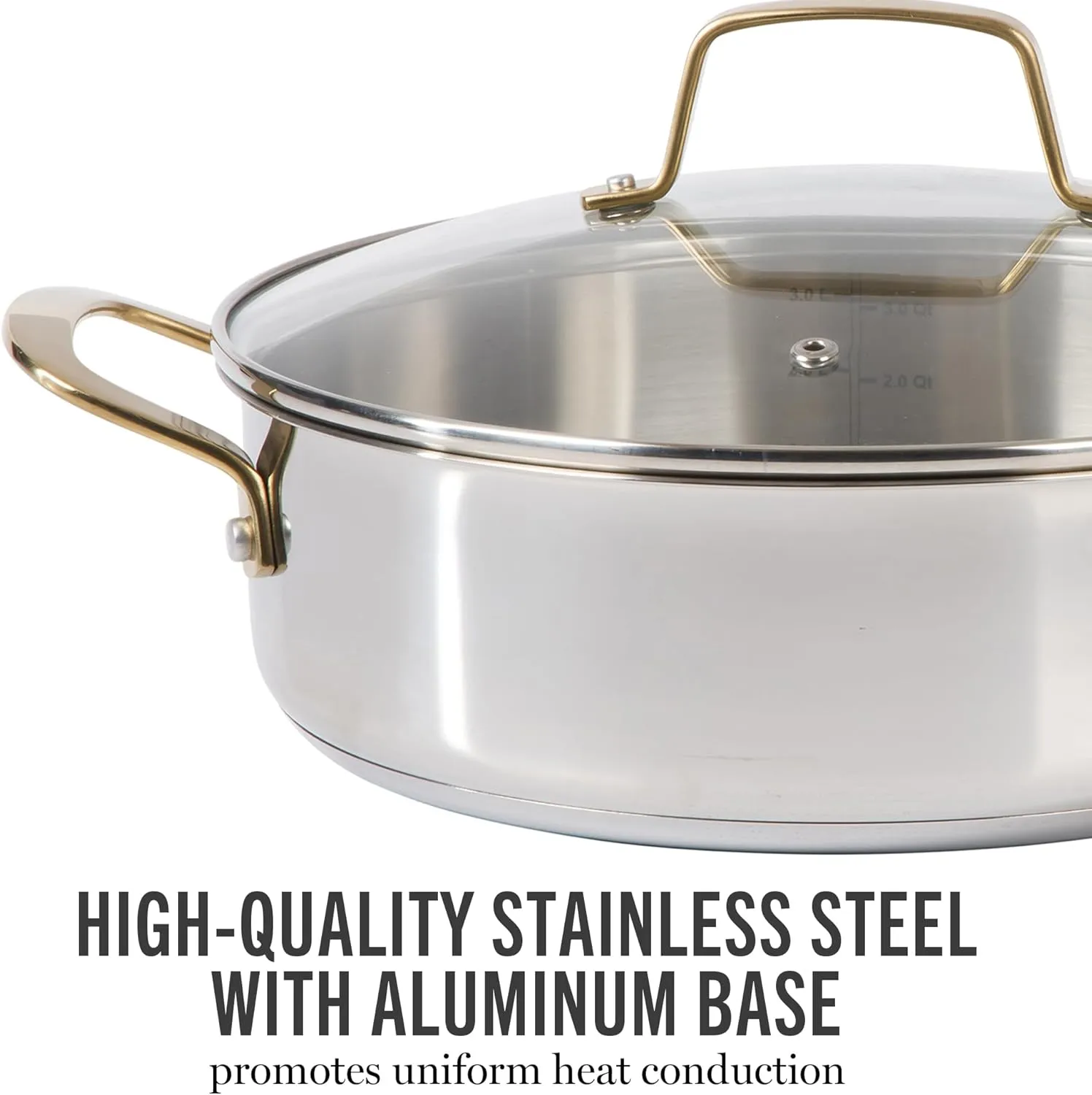 Martha Stewart Castelle 10 Piece Stainless Steel Induction Safe Pots and Pans Non-Toxic Kitchen Cookware Set - Gold Handles