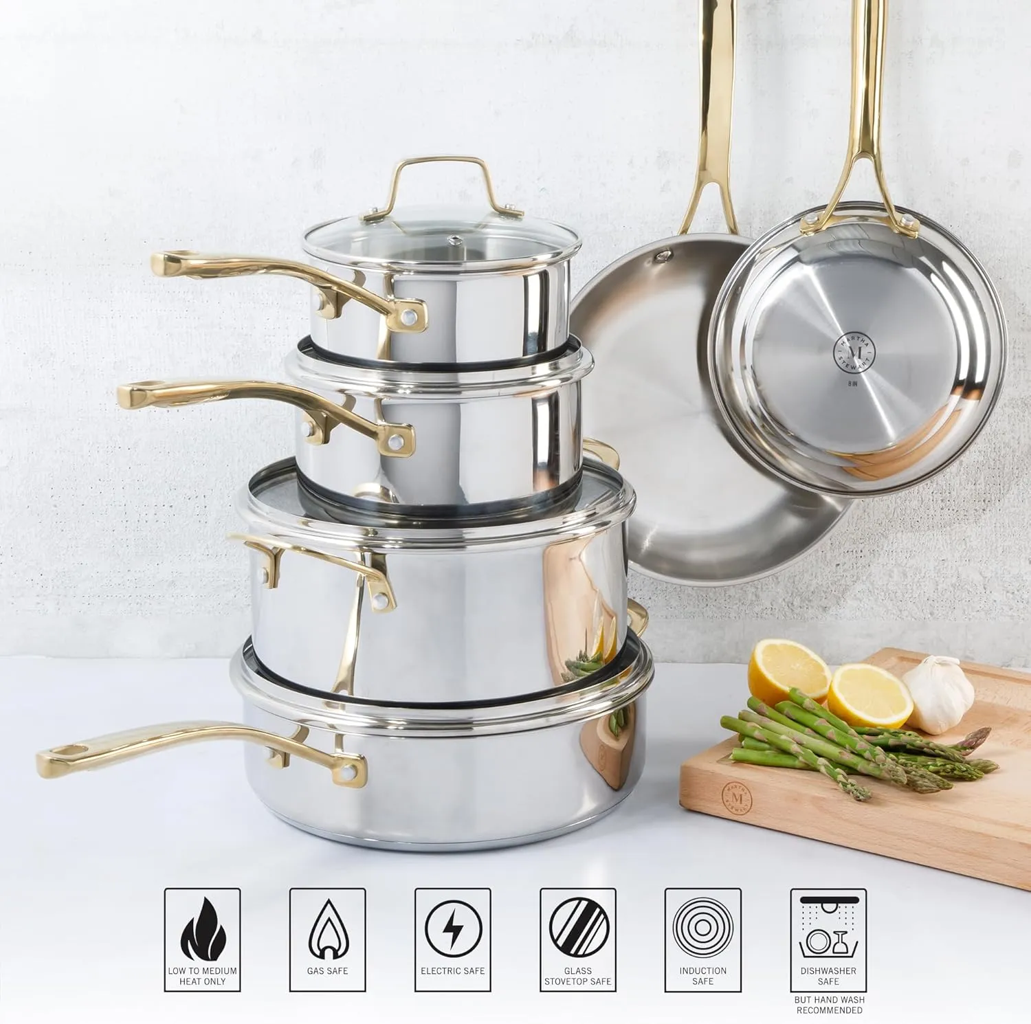 Martha Stewart Castelle 10 Piece Stainless Steel Induction Safe Pots and Pans Non-Toxic Kitchen Cookware Set - Gold Handles