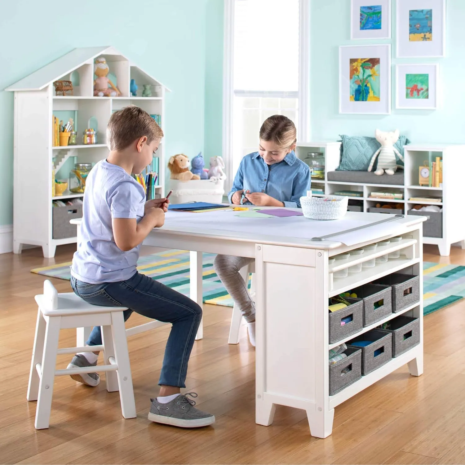 Martha Stewart Kids' Art Table and Chair Set - Creamy White: Wooden Kids Play Table for Arts and Crafts| Coloring Desk with Paint Cups, Paper Roll and Craft Supplies Storage Bins| Kids Activity Table