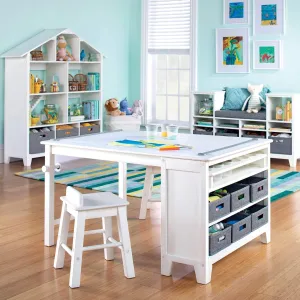 Martha Stewart Kids' Art Table and Chair Set - Creamy White: Wooden Kids Play Table for Arts and Crafts| Coloring Desk with Paint Cups, Paper Roll and Craft Supplies Storage Bins| Kids Activity Table