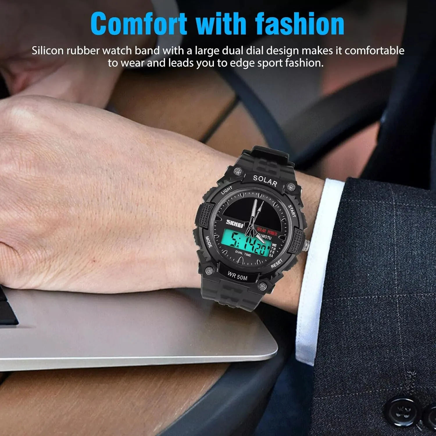 MASTOP Solar Energy Watch led Luminous Indication 2 Time Zone 50m Waterproof Watch(Silver)