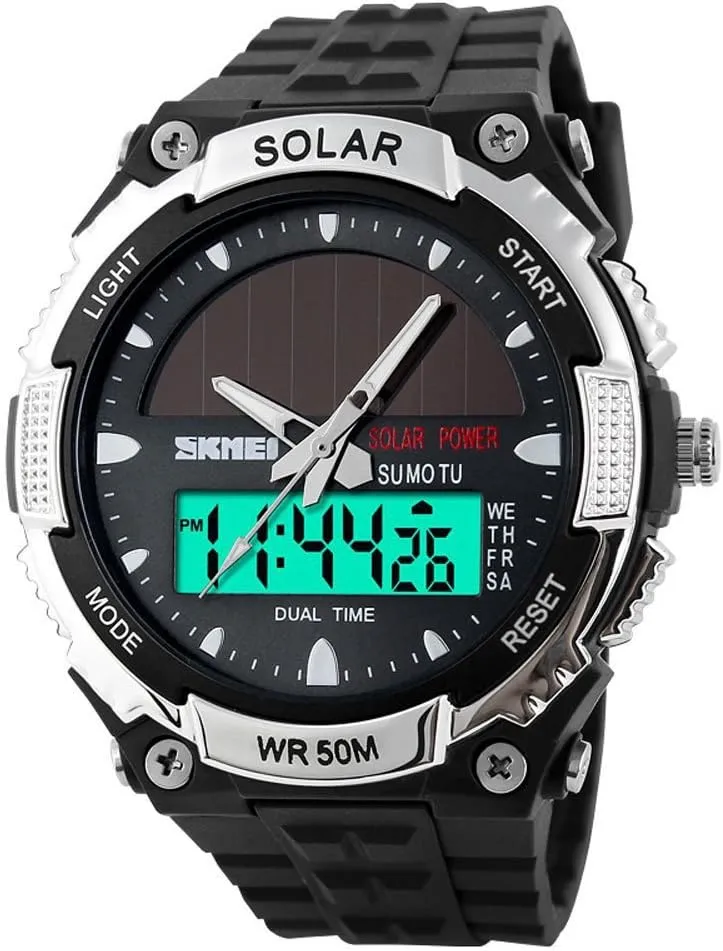 MASTOP Solar Energy Watch led Luminous Indication 2 Time Zone 50m Waterproof Watch(Silver)