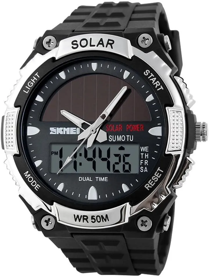 MASTOP Solar Energy Watch led Luminous Indication 2 Time Zone 50m Waterproof Watch(Silver)