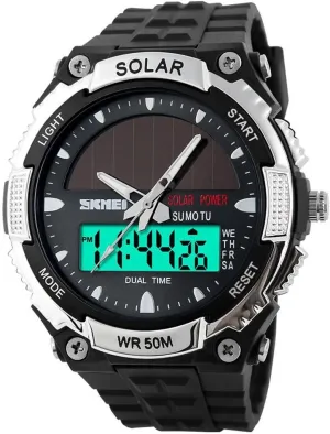 MASTOP Solar Energy Watch led Luminous Indication 2 Time Zone 50m Waterproof Watch(Silver)