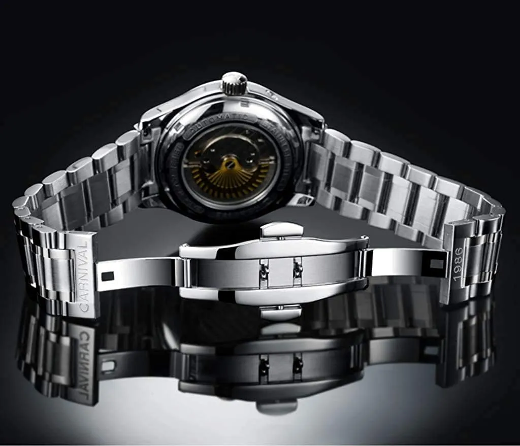 MASTOPMen's Multifunction Automatic Self-Wind Mechanical Watch Stainless Steel Waterproof Power Reserve Business Analog Watch