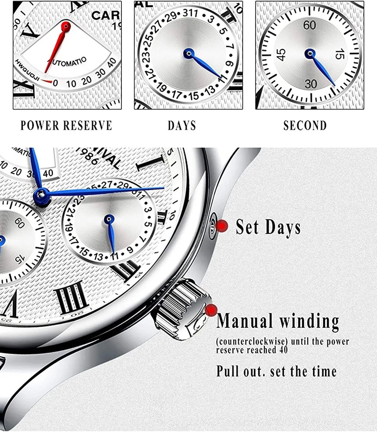 MASTOPMen's Multifunction Automatic Self-Wind Mechanical Watch Stainless Steel Waterproof Power Reserve Business Analog Watch