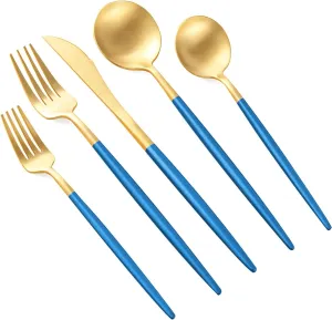 Matte Blue Flatware set, 90 Piece Blue Handle 18/10 Stainless Steel Tableware Sets for 18 Including Forks Spoons Knives, Camping Silverware Travel Utensils Set Cutlery (90pcs)