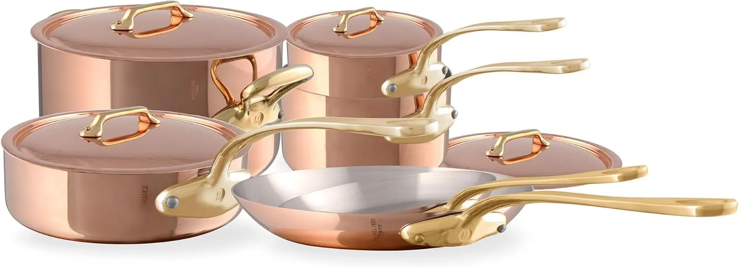 Mauviel M'Heritage 200 B 2mm Polished Copper & Stainless Steel 10-Piece Cookware Set With Brass Handles, Made In France