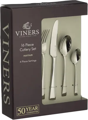 Mayfair Cutlery Set-Elegant Mirror Polished Flatware Gift Box with 50 Year Guarantee-18/10 Stainless Steel, 16 Piece, 7.5x25x31.5 cm, Silver