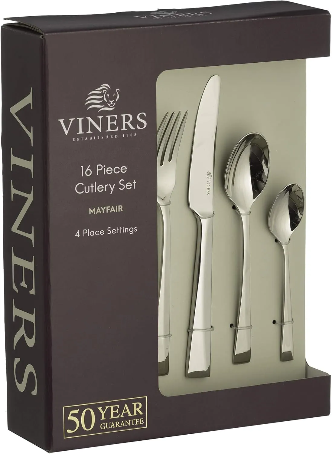 Mayfair Cutlery Set-Elegant Mirror Polished Flatware Gift Box with 50 Year Guarantee-18/10 Stainless Steel, 16 Piece, 7.5x25x31.5 cm, Silver