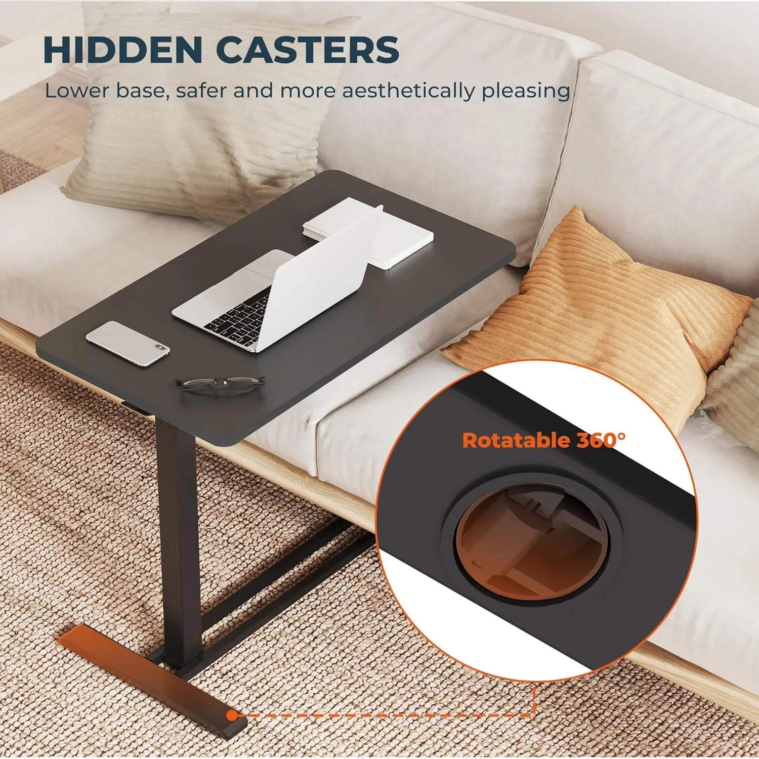 Medical Overbed Adjustable Bedside Table with Hidden Casters, Mobile Pneumatic Rolling Laptop Standing Desk with Tray for Home & Hospital Use, Black Tabletop   Black Edging