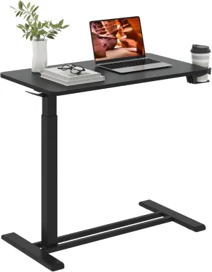 Medical Overbed Adjustable Bedside Table with Hidden Casters, Mobile Pneumatic Rolling Laptop Standing Desk with Tray for Home & Hospital Use, Black Tabletop   Black Edging