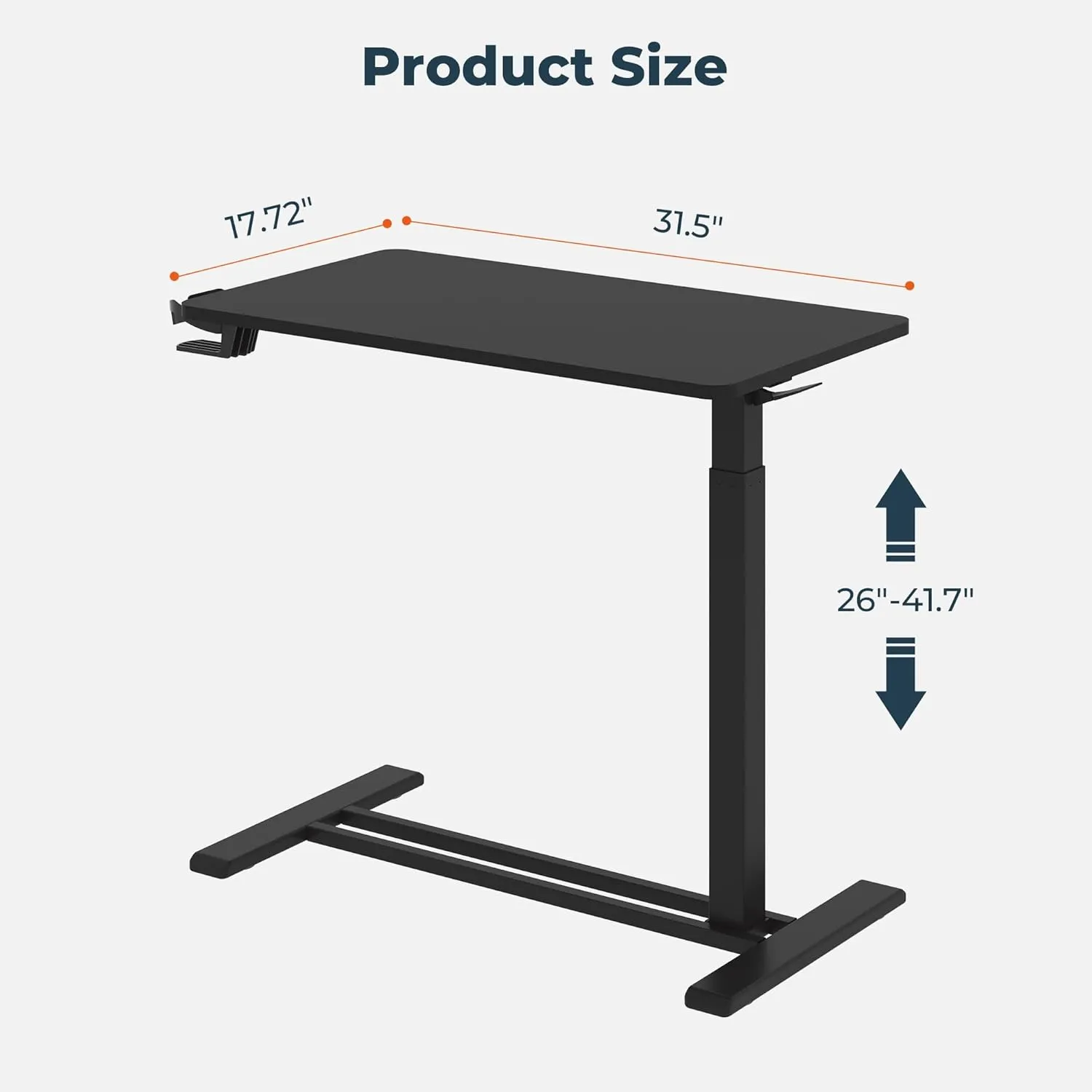 Medical Overbed Adjustable Bedside Table with Hidden Casters, Mobile Pneumatic Rolling Laptop Standing Desk with Tray for Home & Hospital Use, Black Tabletop   Black Edging