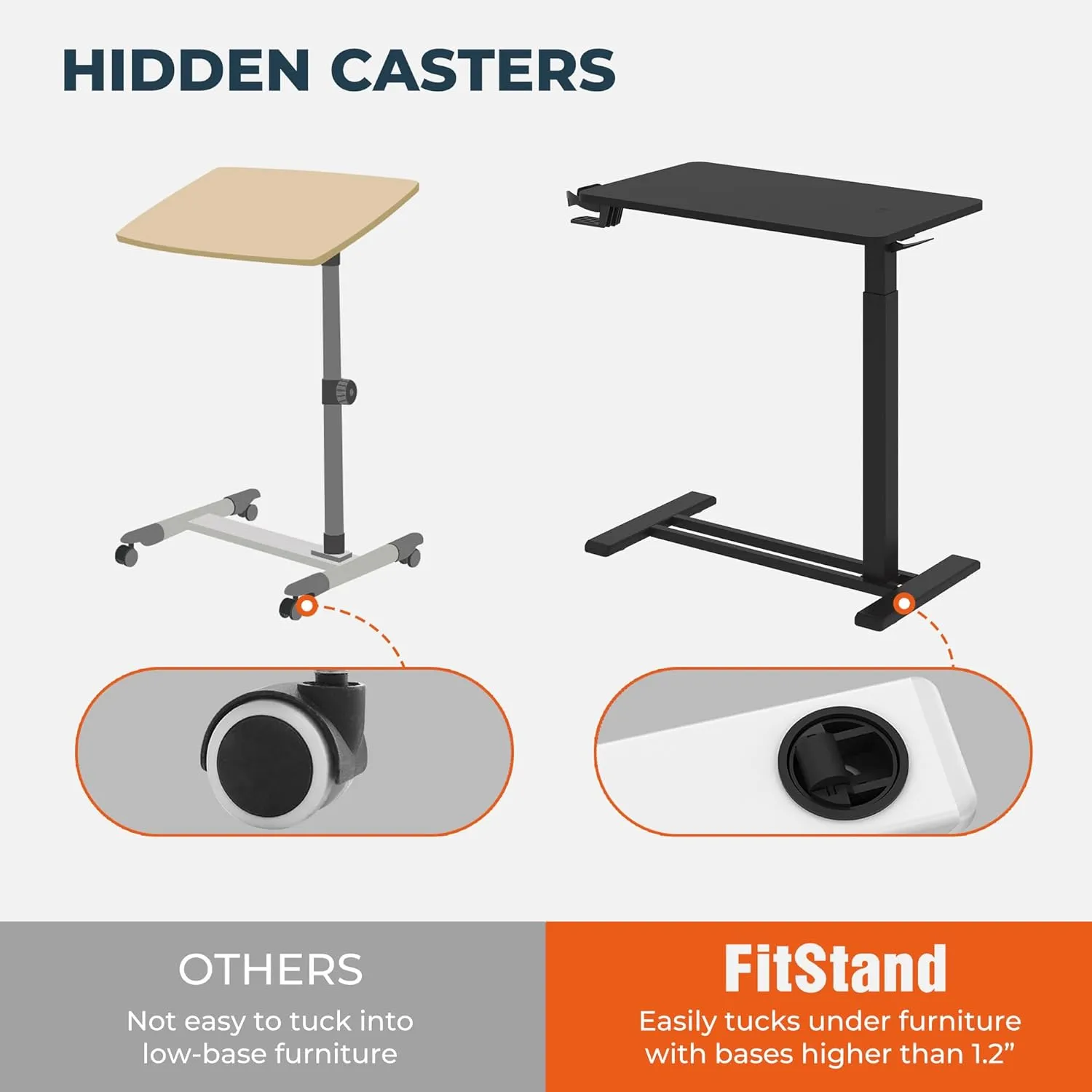 Medical Overbed Adjustable Bedside Table with Hidden Casters, Mobile Pneumatic Rolling Laptop Standing Desk with Tray for Home & Hospital Use, Black Tabletop   Black Edging