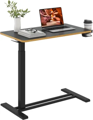 Medical Overbed Adjustable Bedside Table with Hidden Casters, Pneumatic Mobile Rolling Laptop Standing Desk with Tray for Home and Hospital Use, Black