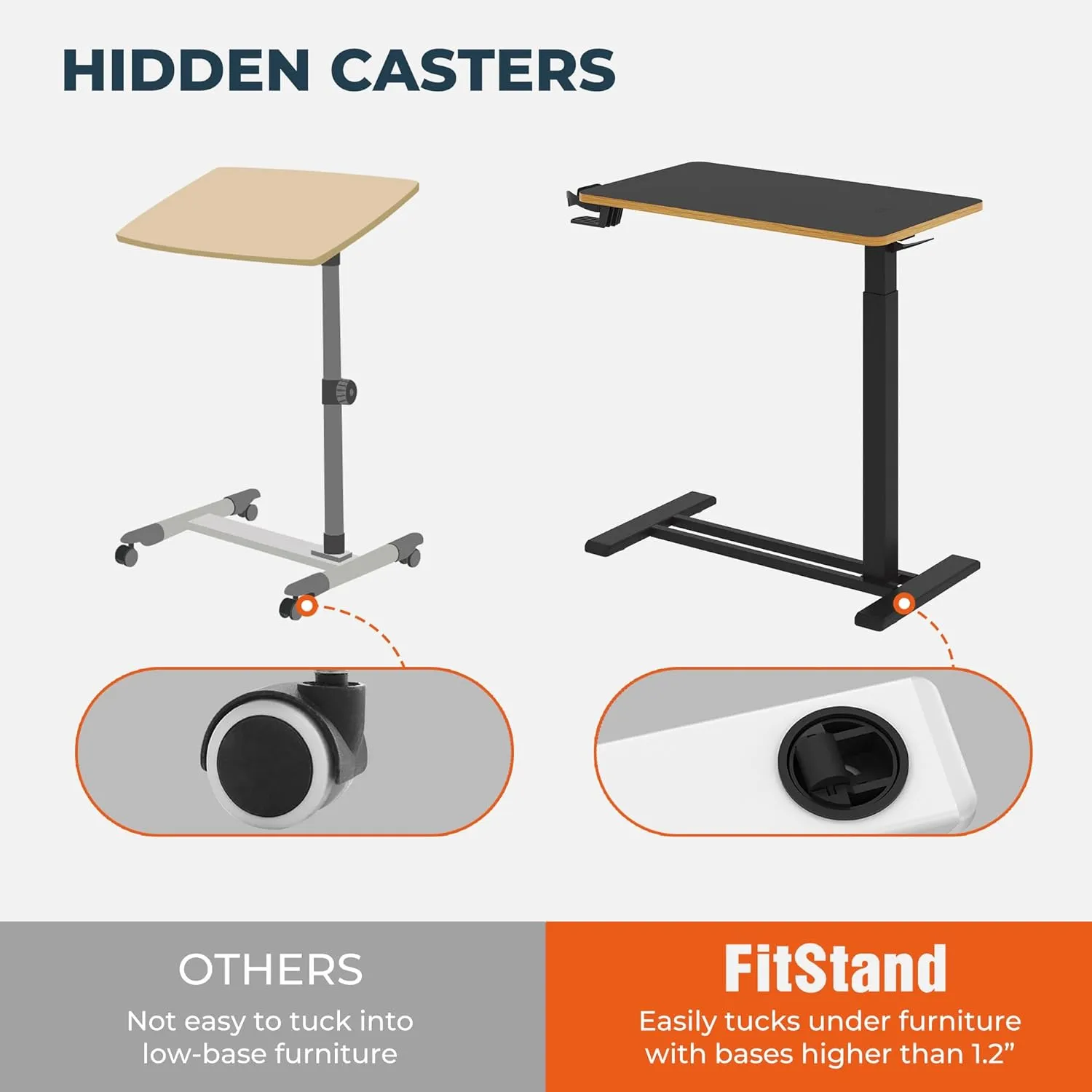 Medical Overbed Adjustable Bedside Table with Hidden Casters, Pneumatic Mobile Rolling Laptop Standing Desk with Tray for Home and Hospital Use, Black