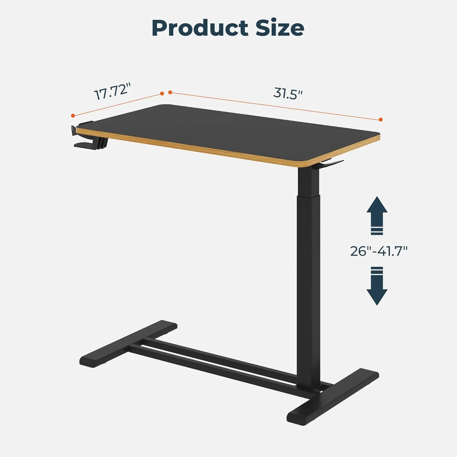Medical Overbed Adjustable Bedside Table with Hidden Casters, Pneumatic Mobile Rolling Laptop Standing Desk with Tray for Home and Hospital Use, Black